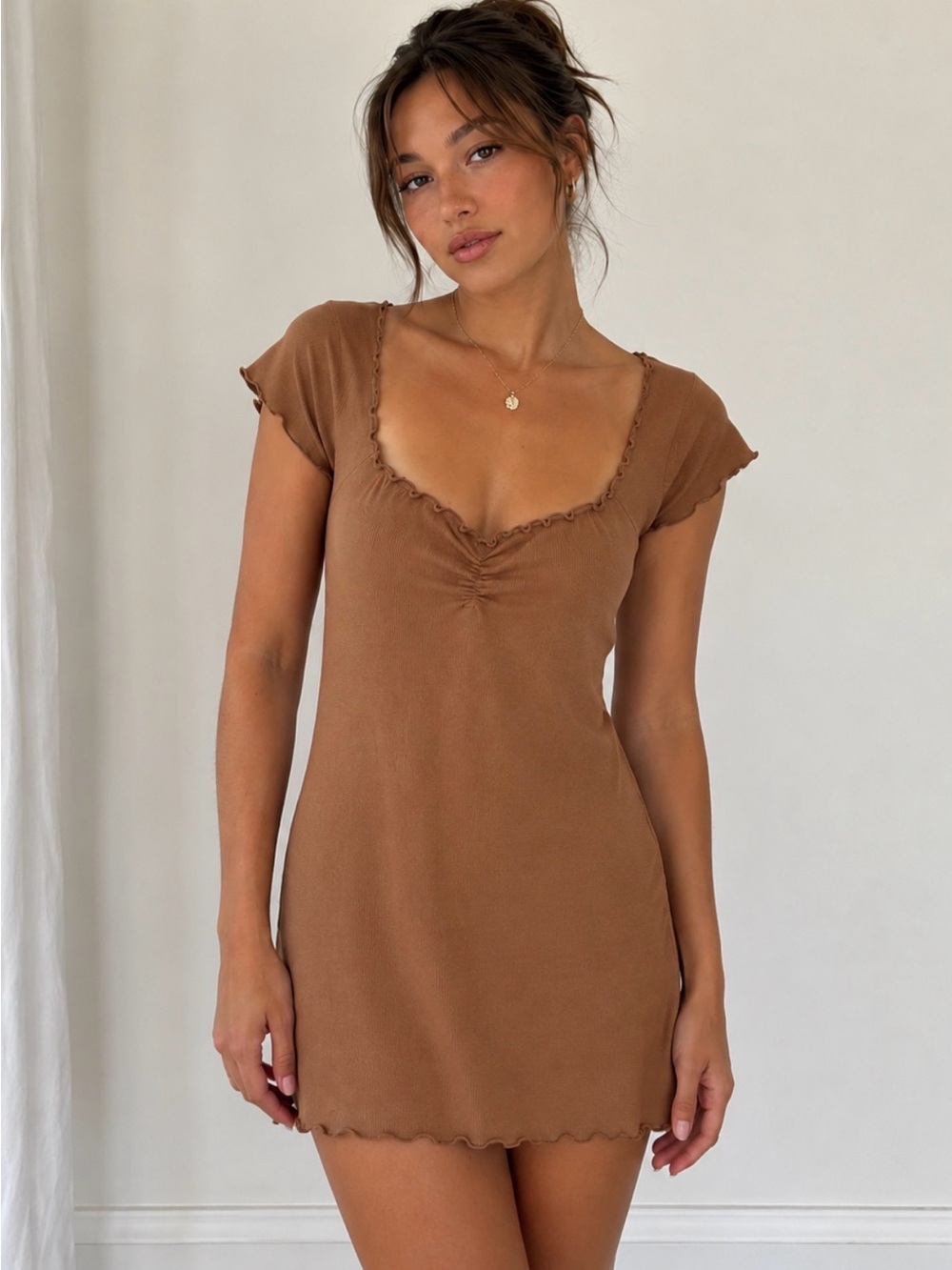 Abound Ribbed Scoop Neck Mini Dress in Warm Brown